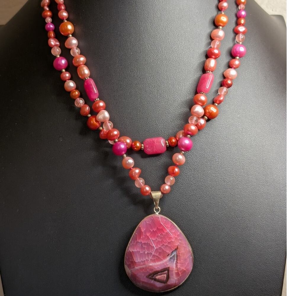 Double Strand Multi-Color Pearl Fuchsia Pink Rhodochrosite Pendant Necklace
